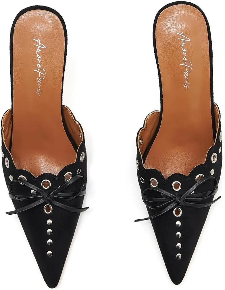 Bow Tie Heeled Mules for Women Pointy Studs Kitten Heels Dress Pumps Backless Stilettos Heels