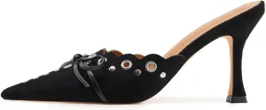 Bow Tie Heeled Mules for Women Pointy Studs Kitten Heels Dress Pumps Backless Stilettos Heels