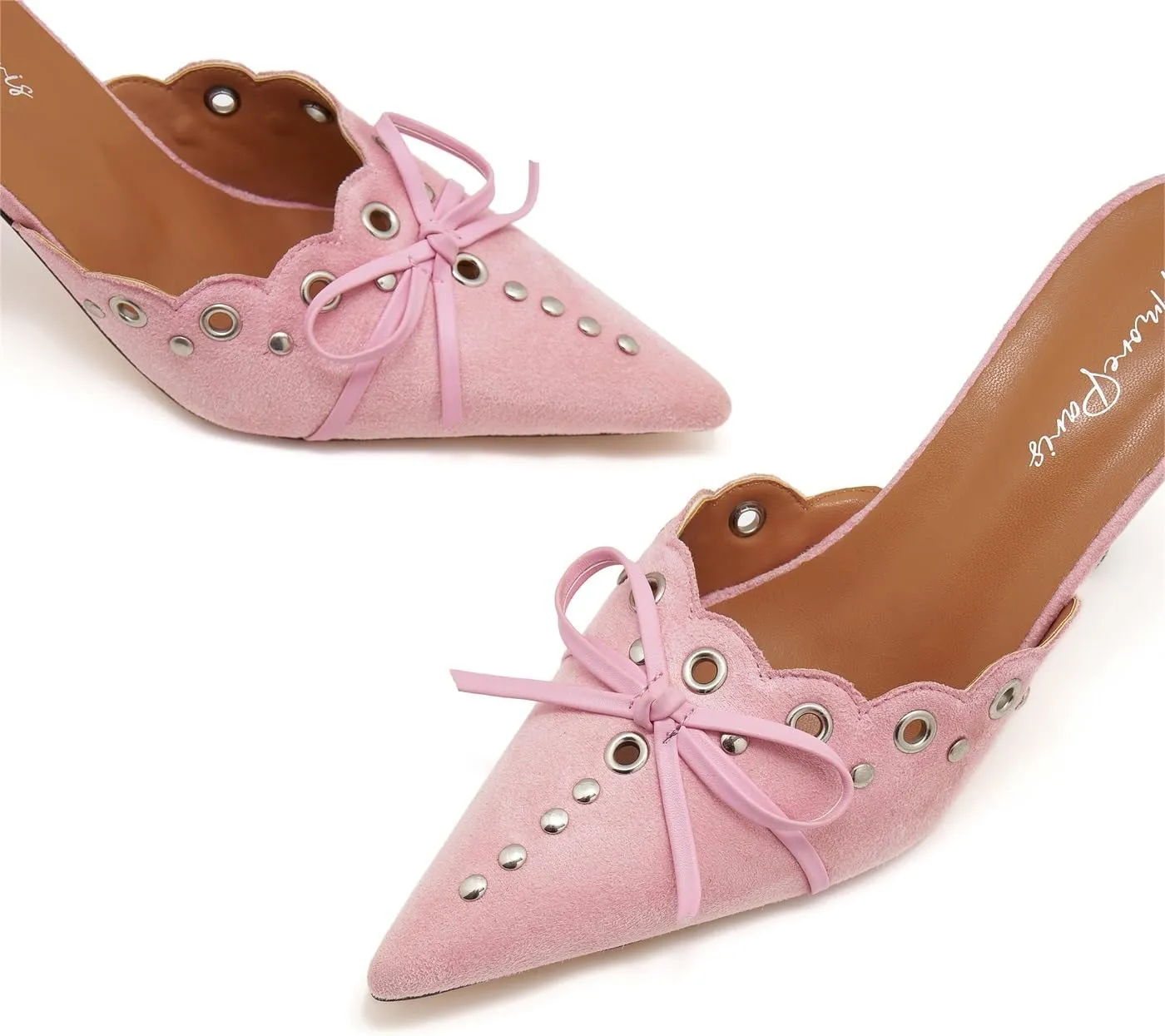 Bow Tie Heeled Mules for Women Pointy Studs Kitten Heels Dress Pumps Backless Stilettos Heels