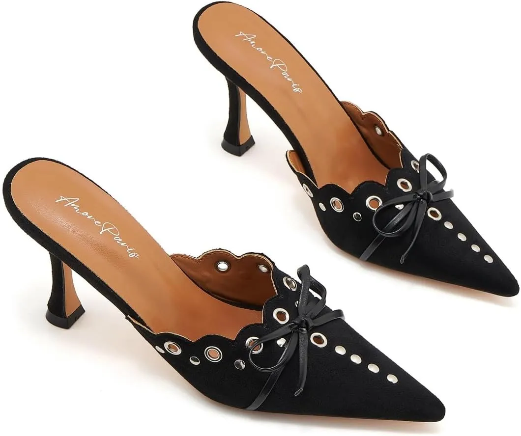 Bow Tie Heeled Mules for Women Pointy Studs Kitten Heels Dress Pumps Backless Stilettos Heels