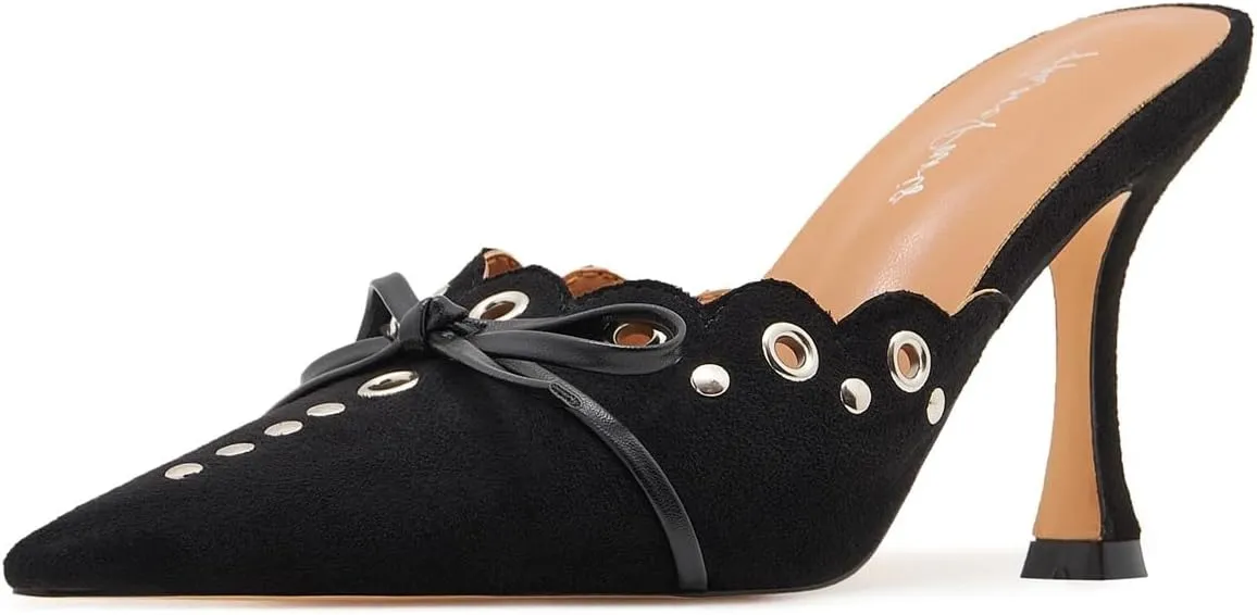 Bow Tie Heeled Mules for Women Pointy Studs Kitten Heels Dress Pumps Backless Stilettos Heels