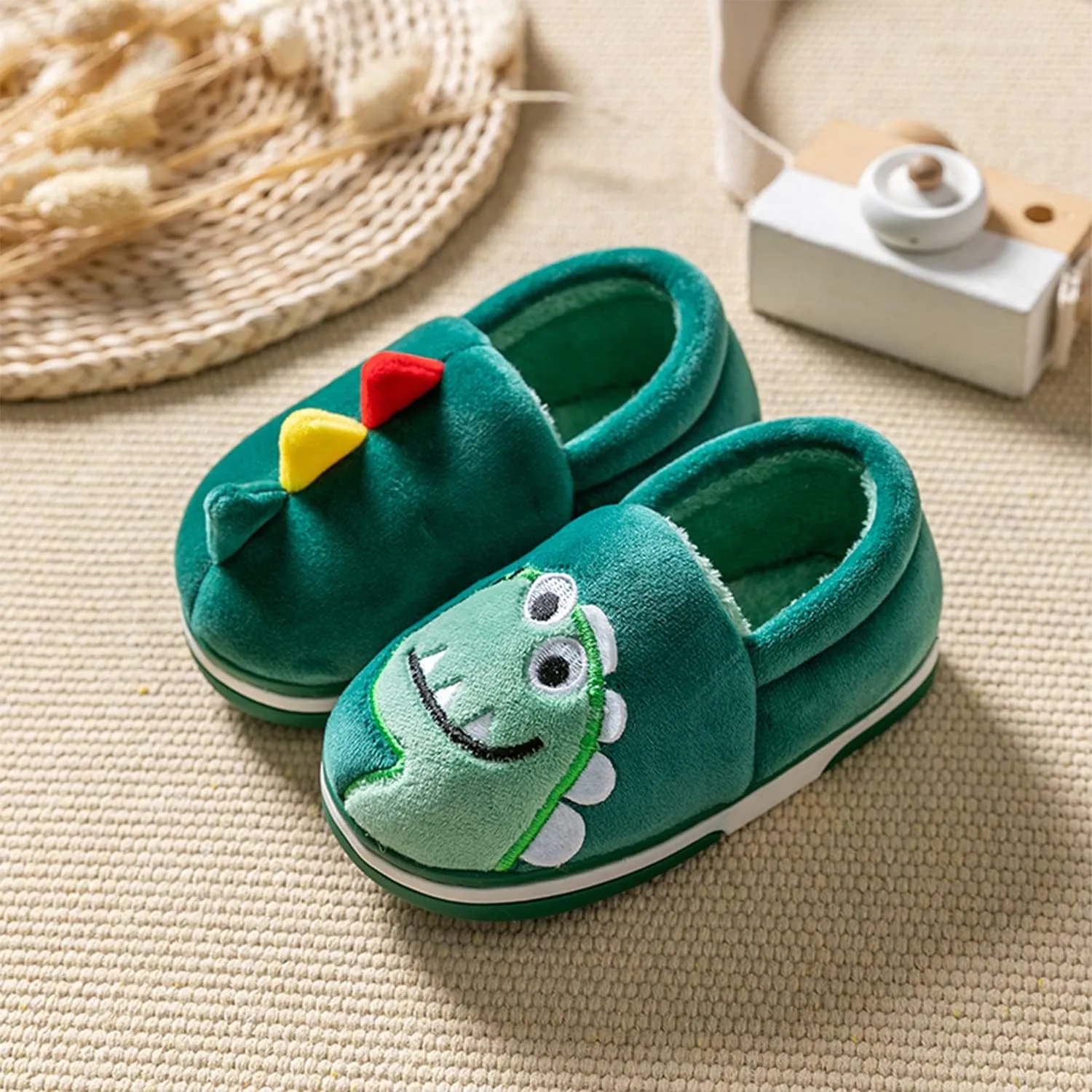 Boy's Girls Cute Dinosaur Warm Slippers - Kids Soft Plush Lined House Indoor Slip on Shoes