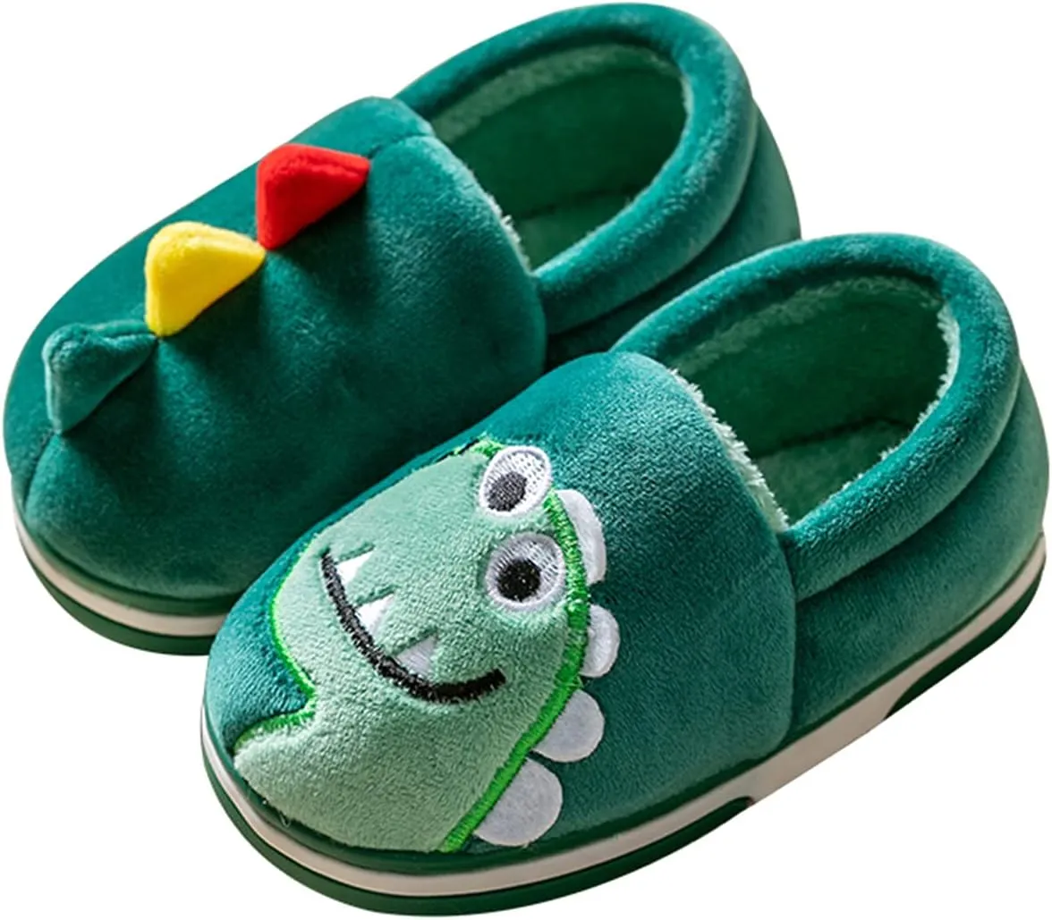 Boy's Girls Cute Dinosaur Warm Slippers - Kids Soft Plush Lined House Indoor Slip on Shoes
