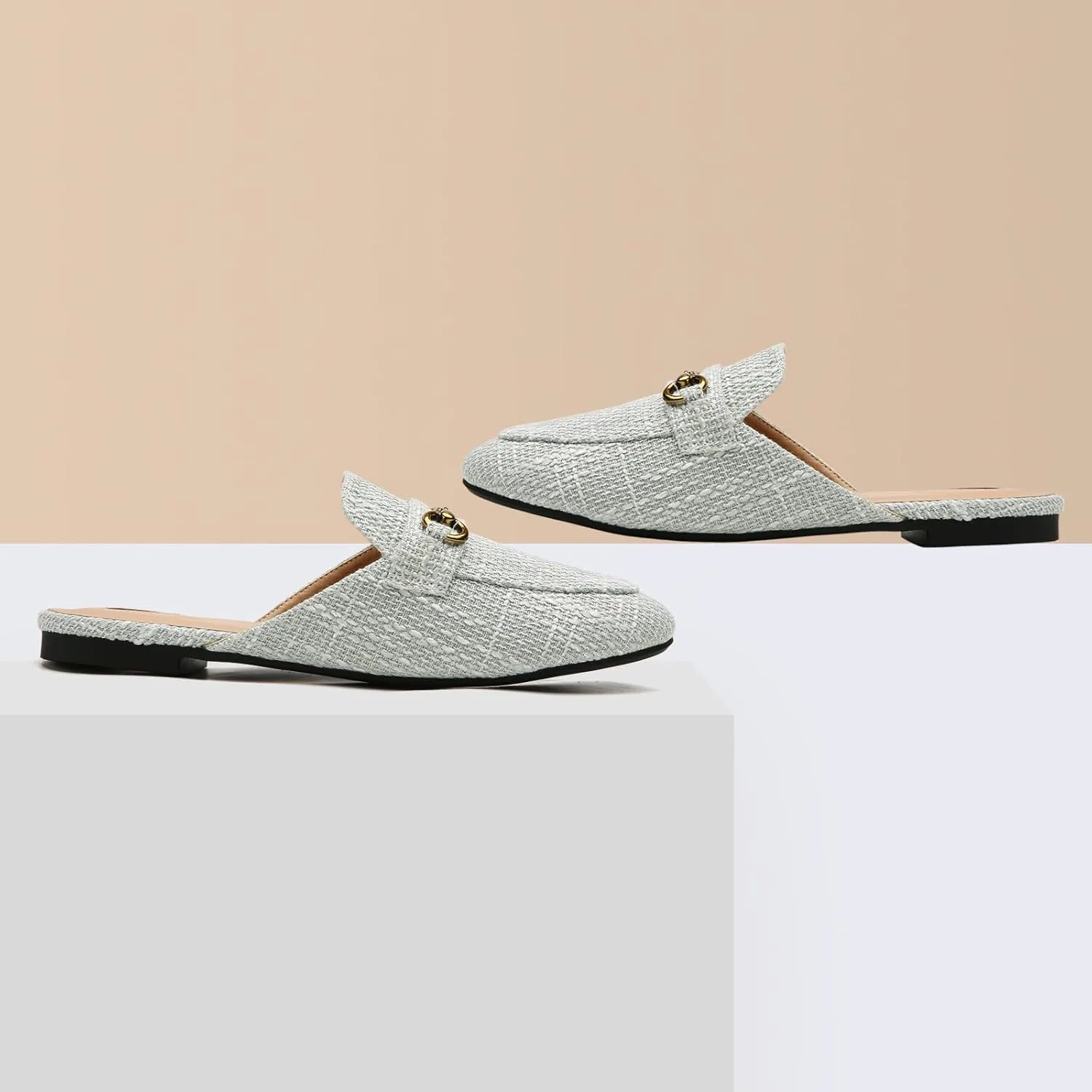Buckle Mules for Women Flats Round Toe Slip On Backless Loafers Ladies Work Shoes