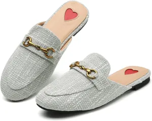 Buckle Mules for Women Flats Round Toe Slip On Backless Loafers Ladies Work Shoes