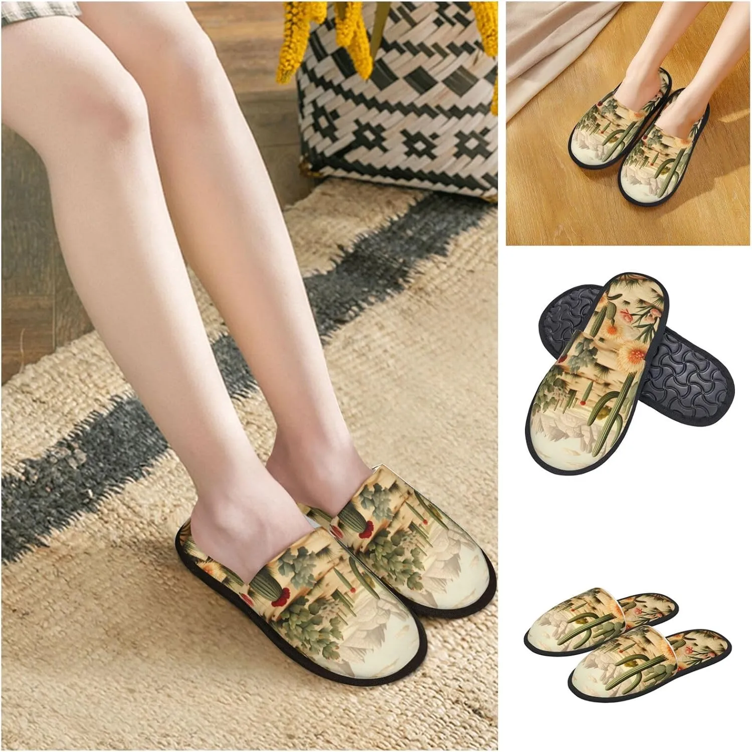 Cactus and Other Patterns Women's Fuzzy Slippers Slip-on Slipper Soft Comfy Bedroom Slippers Non-slip House Shoes