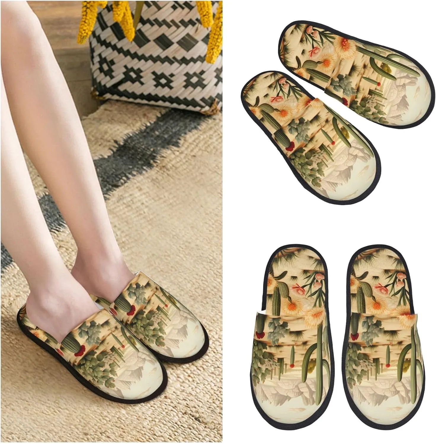 Cactus and Other Patterns Women's Fuzzy Slippers Slip-on Slipper Soft Comfy Bedroom Slippers Non-slip House Shoes