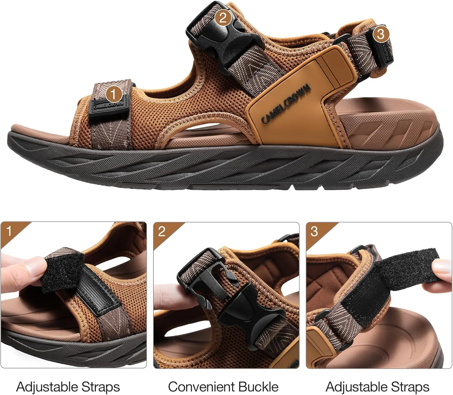 CAMEL CROWN Hiking Sandals for Men with Adjustable Strap Man Walking Sandal Arch Support Sports Sandals Breathable Mesh Beach Sandal