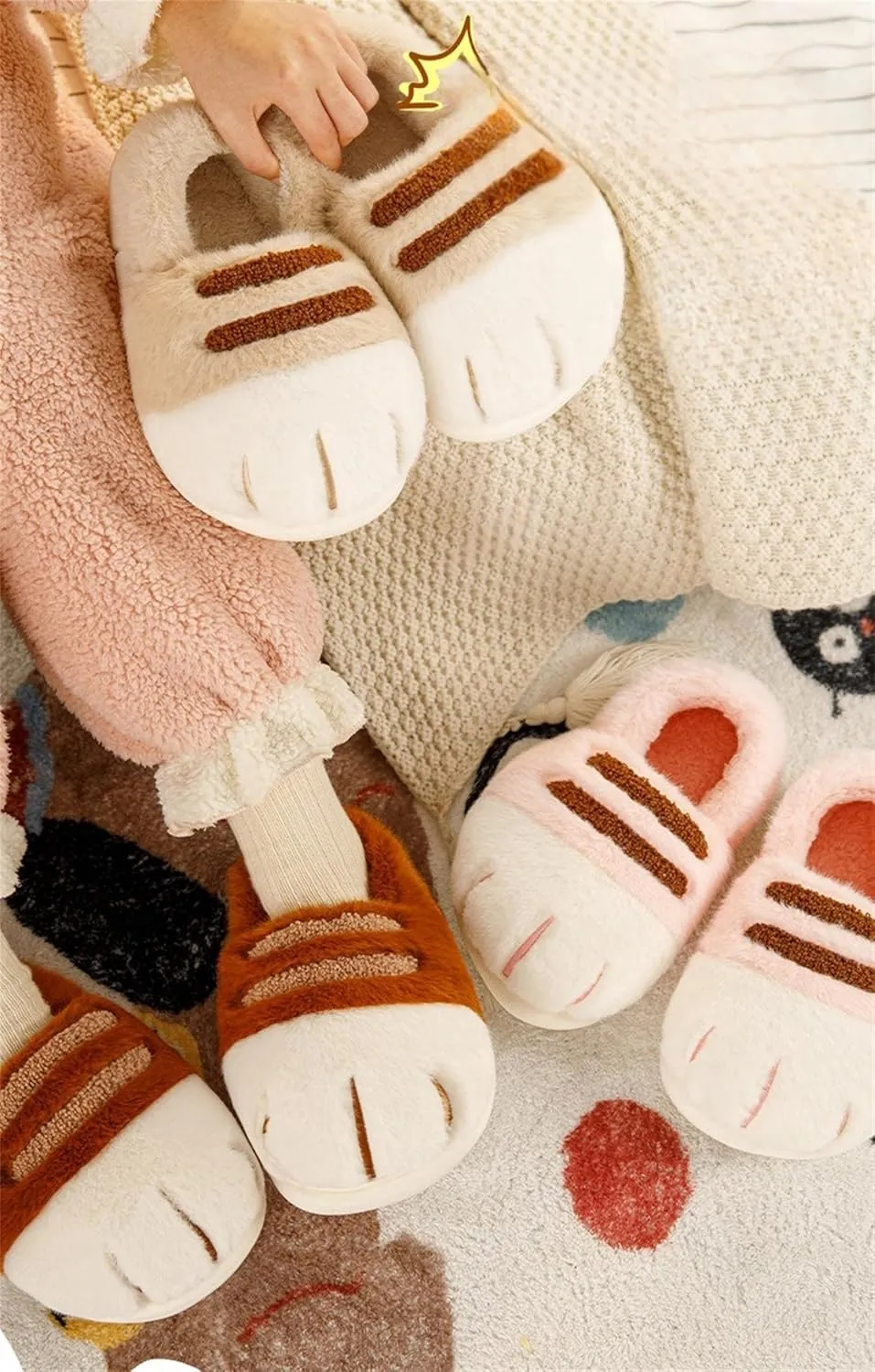 Cat Paw Slippers - Unisex Adults & Kids - Beige - Slip-On - Plush & Memory Sponge Interior - Anti-Slip EVA Sole - Washable - Home Slippers