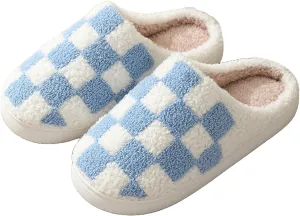 Checkered Slippers for Women Men, Cozy Plush Warm Slip-on Plaid House Slippers for Indoor and Outdoor Bedroom House Shoes with Faux Fur Lining