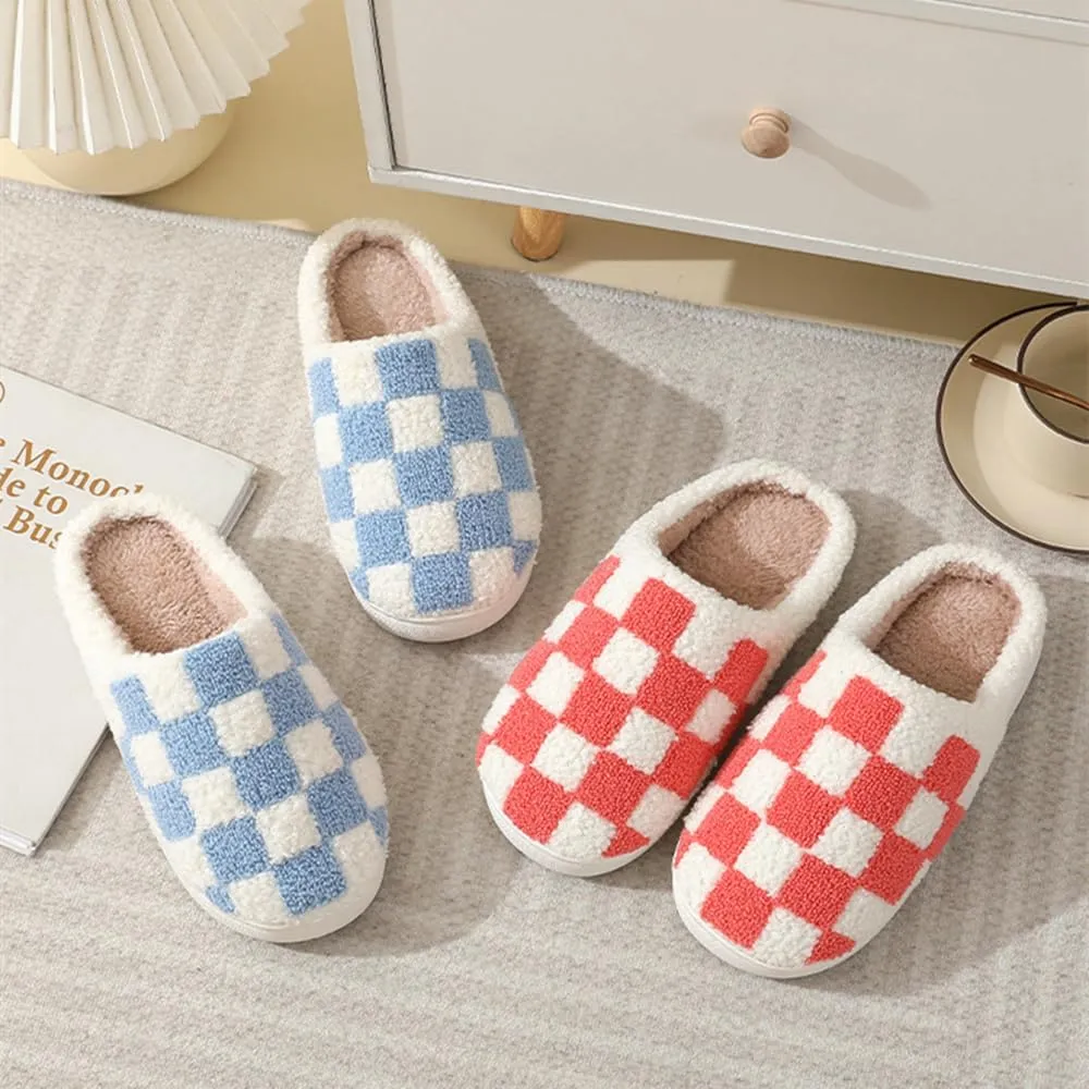 Checkered Slippers for Women Men, Cozy Plush Warm Slip-on Plaid House Slippers for Indoor and Outdoor Bedroom House Shoes with Faux Fur Lining