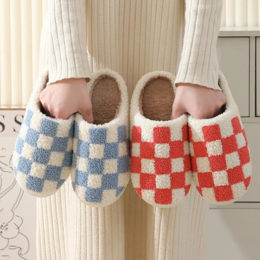 Checkered Slippers for Women Men, Cozy Plush Warm Slip-on Plaid House Slippers for Indoor and Outdoor Bedroom House Shoes with Faux Fur Lining