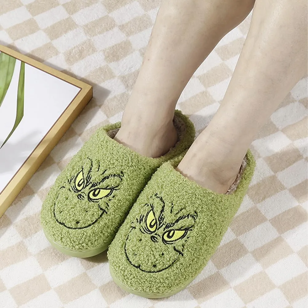 Christmas Plush Slippers - Cartoon Winter Soft Green Merry Women's Men's Slippers