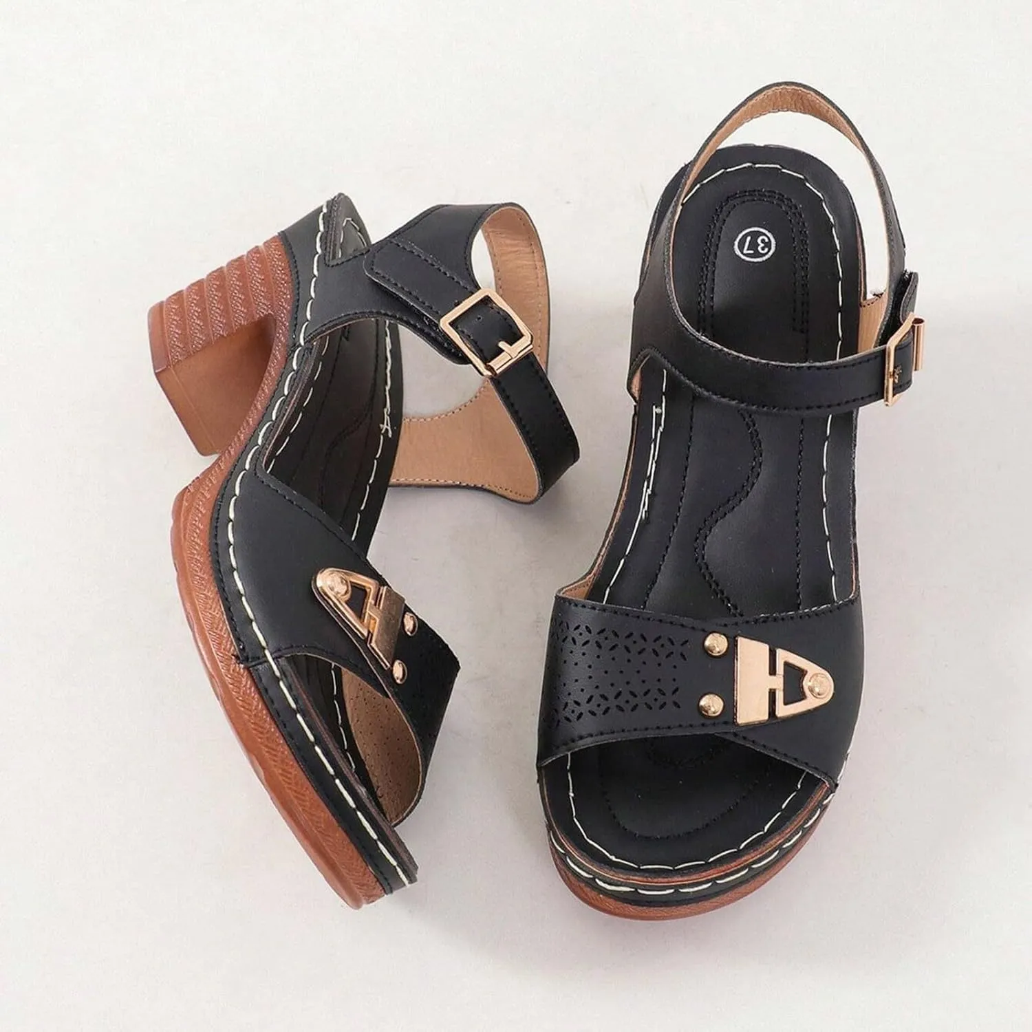 Chunky Sandals for Women Dressy Low Wedge Heels Sandal Comfortable Platform Summer Casual Shoes Arch Support Ankle Strap Wedge Sandals Hollow Out Open Toe Breathable Shoe
