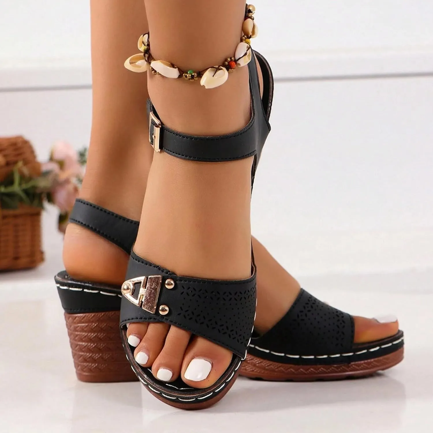 Chunky Sandals for Women Dressy Low Wedge Heels Sandal Comfortable Platform Summer Casual Shoes Arch Support Ankle Strap Wedge Sandals Hollow Out Open Toe Breathable Shoe
