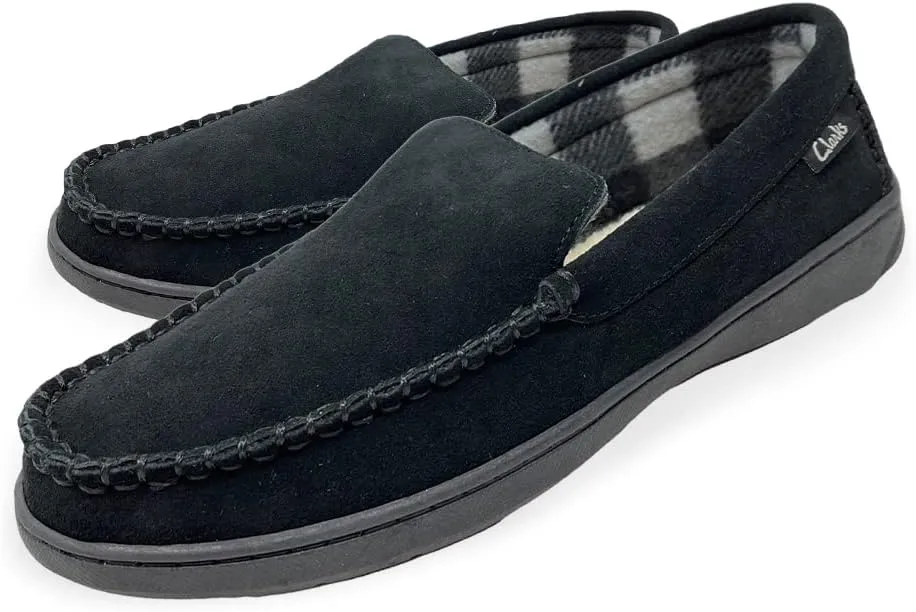 Clarks Men's Freddie Suede Moccasin House Shoe Indoor & Outdoor Slip Resistant Flexible Outsole Slipper (Black, 11)