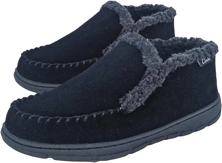 Clarks Men's Suede Leather Sherpa Lined Ankle Bootie Slippers, JMH1952 - Indoor/Outdoor Slip-Ons - Comfy & Durable Ankle Boots with Plush Lining Padded Insole & Gripped Rubber Outsoles