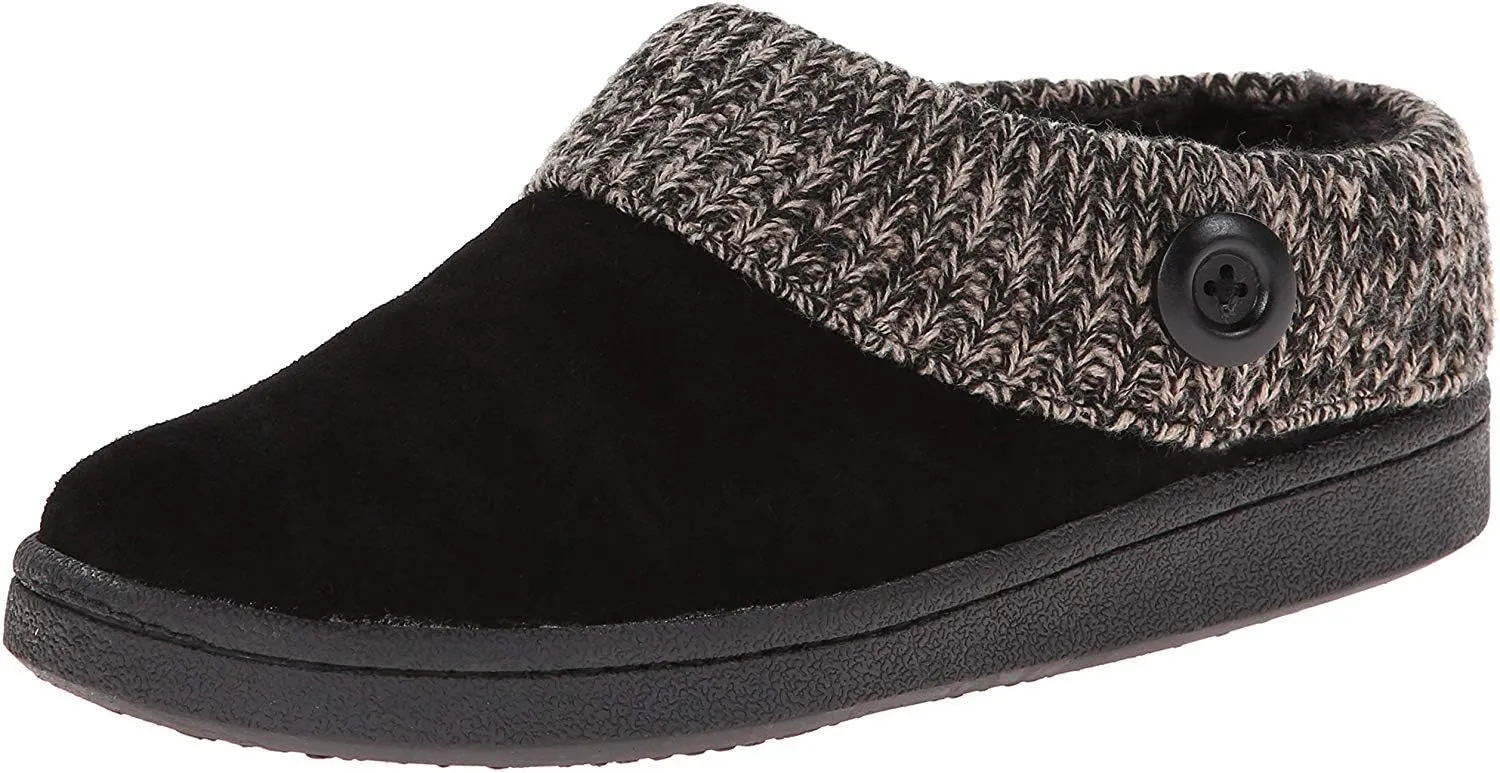 Clarks Women's Knitted Sweater Collar Suede Slippers - Faux Fur Linning Indoor/Outdoor TPR Outsoles & Cushioned Footbed (6, Black/Grey)