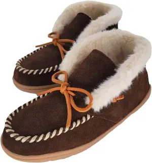Clarks Women's Moccasin Bootie Slippers, JMH1814B - Suede Indoor/Outdoor Slip-Ons with Faux Fur Lining & Non-Slip Gripped Rubber Outsole - Ladies Comfy & Fluffy Ankle Boots for Winter Use, Dk. Brown,