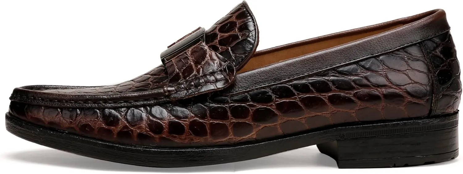 Classic Mens Leather Dress Shoes, Luxury Crocodile Printed Slip on Loafer with Matel Buckle Penny Shoes for Mens
