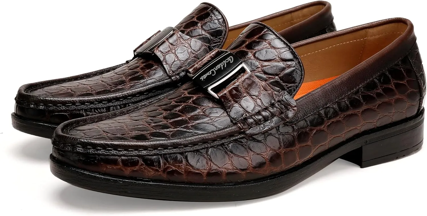 Classic Mens Leather Dress Shoes, Luxury Crocodile Printed Slip on Loafer with Matel Buckle Penny Shoes for Mens