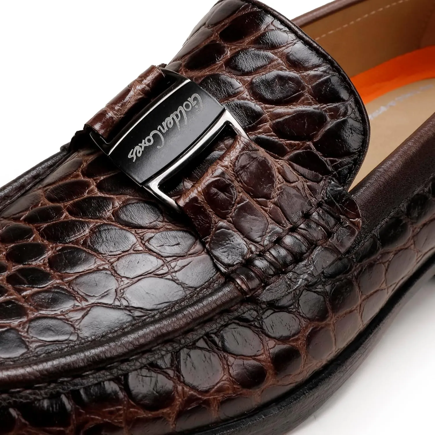 Classic Mens Leather Dress Shoes, Luxury Crocodile Printed Slip on Loafer with Matel Buckle Penny Shoes for Mens