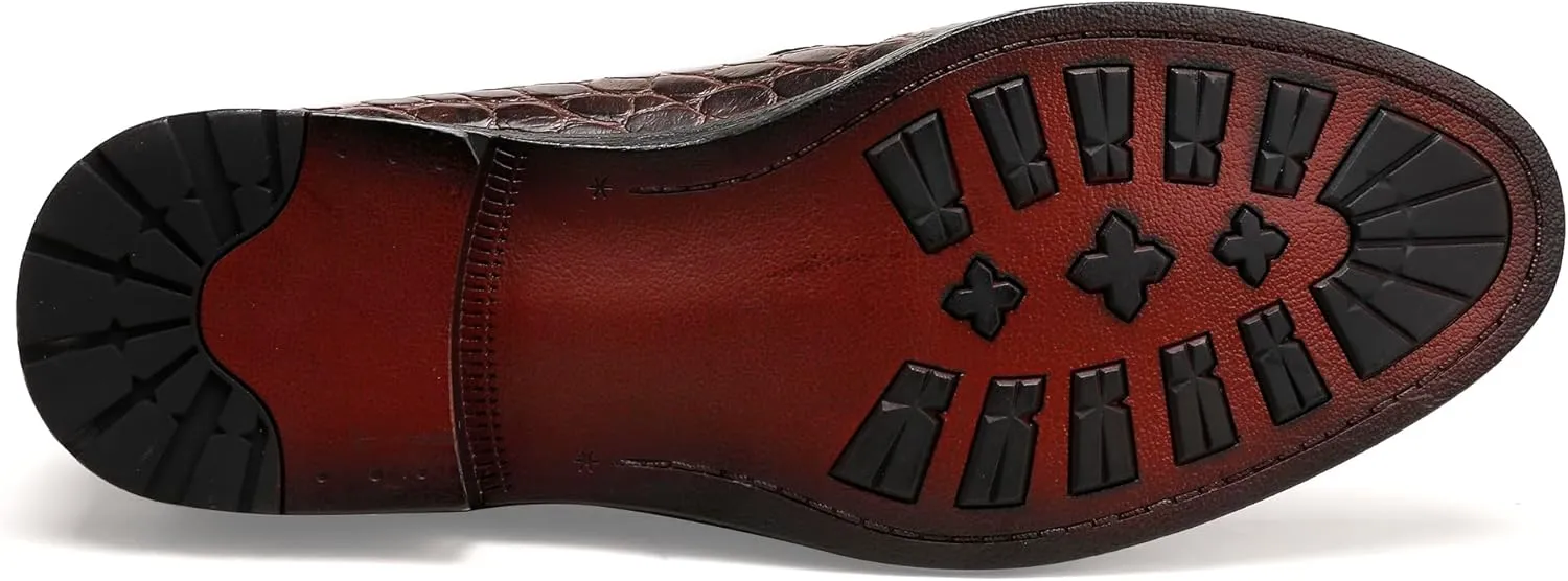 Classic Mens Leather Dress Shoes, Luxury Crocodile Printed Slip on Loafer with Matel Buckle Penny Shoes for Mens