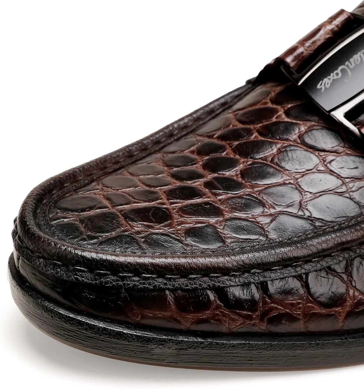 Classic Mens Leather Dress Shoes, Luxury Crocodile Printed Slip on Loafer with Matel Buckle Penny Shoes for Mens