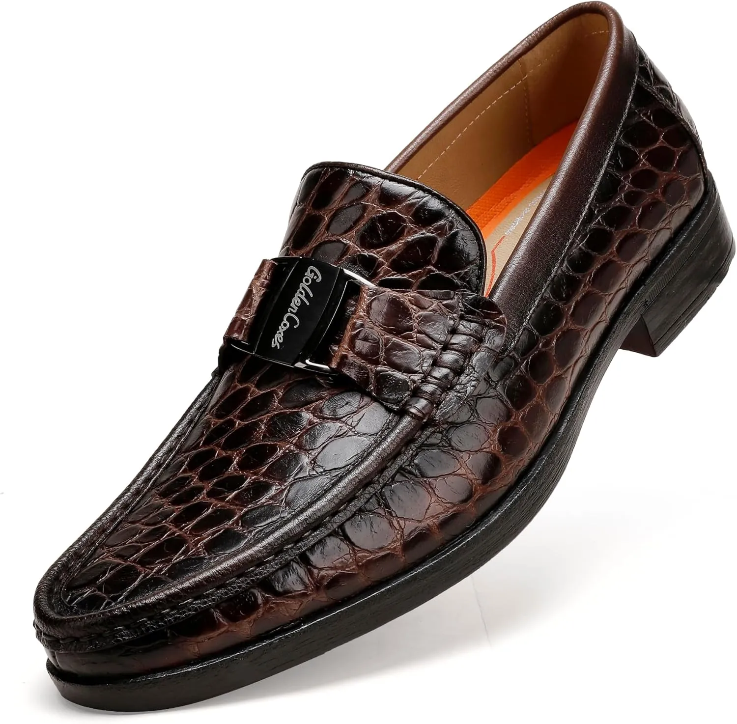 Classic Mens Leather Dress Shoes, Luxury Crocodile Printed Slip on Loafer with Matel Buckle Penny Shoes for Mens