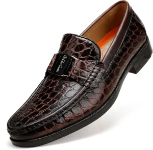 Classic Mens Leather Dress Shoes, Luxury Crocodile Printed Slip on Loafer with Matel Buckle Penny Shoes for Mens