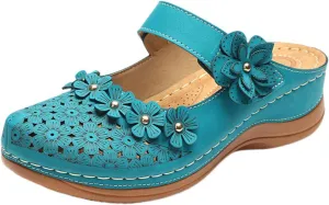 Clogs for Women Mule Sandals Comfortable Summer Flowers Platform Orthopedic Sandals, Round Toe Closed Toe Walking Slippers Hollow Out Breathable Ankle Strap Walking Shoes