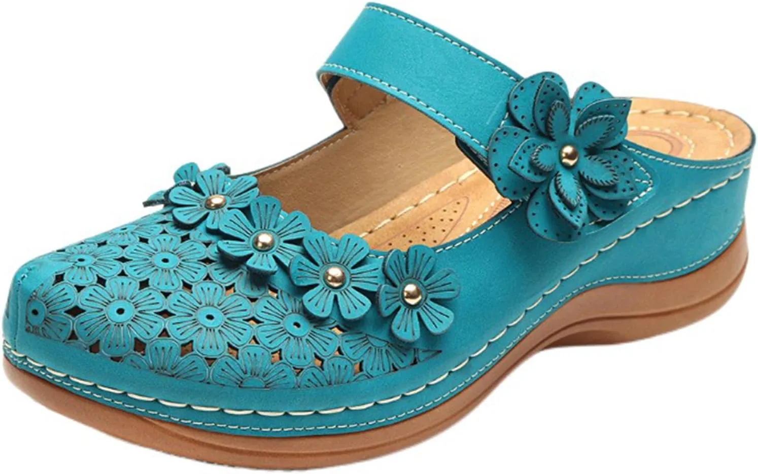 Clogs for Women Mule Sandals Comfortable Summer Flowers Platform Orthopedic Sandals, Round Toe Closed Toe Walking Slippers Hollow Out Breathable Ankle Strap Walking Shoes
