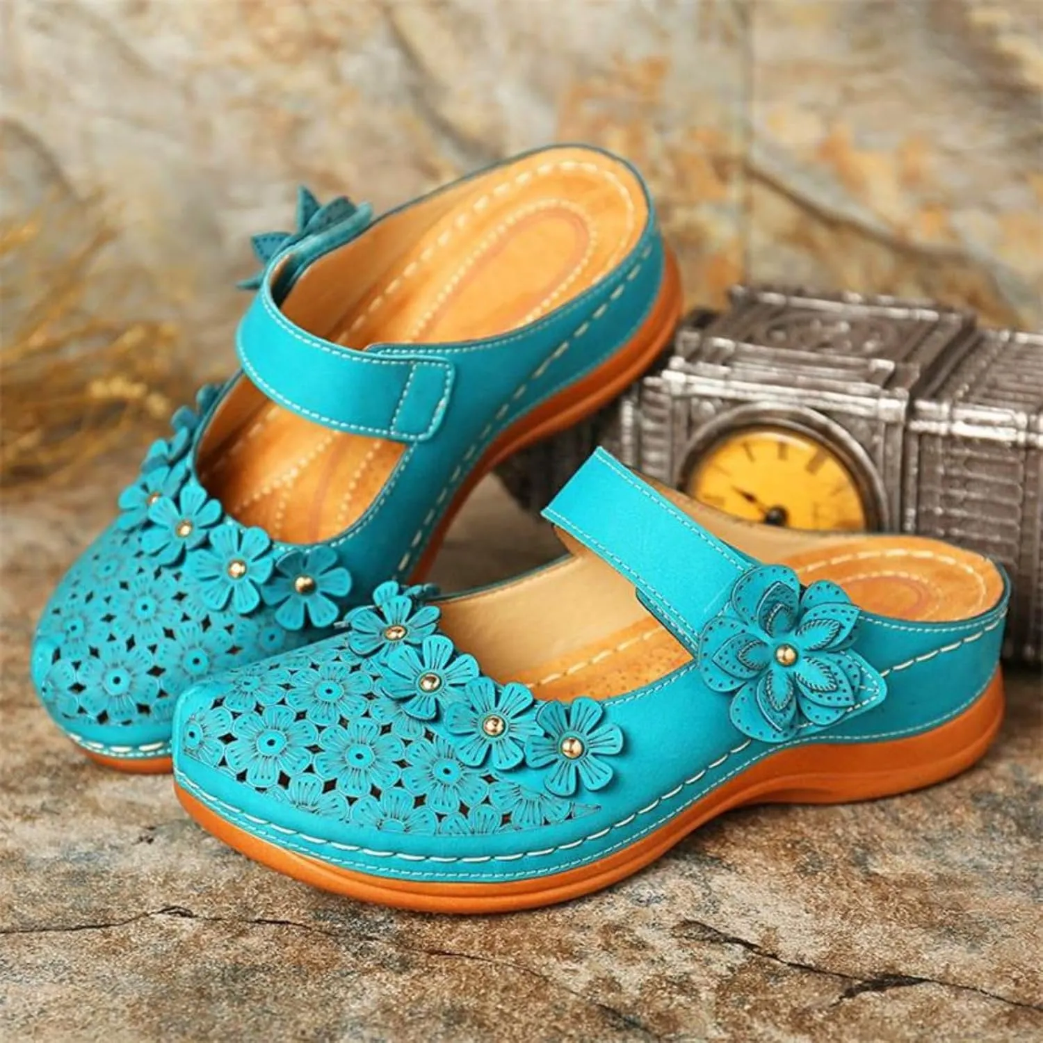 Clogs for Women Mule Sandals Comfortable Summer Flowers Platform Orthopedic Sandals, Round Toe Closed Toe Walking Slippers Hollow Out Breathable Ankle Strap Walking Shoes