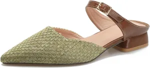 Closed Pointed Toe Adjustable Strap Mules for Women, Womens 1 Inch Low Block Chunky Heeled Sandals Mules Cute Textile Backless Slip On Loafer Shoes