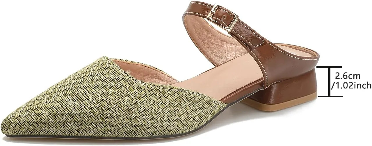 Closed Pointed Toe Adjustable Strap Mules for Women, Womens 1 Inch Low Block Chunky Heeled Sandals Mules Cute Textile Backless Slip On Loafer Shoes