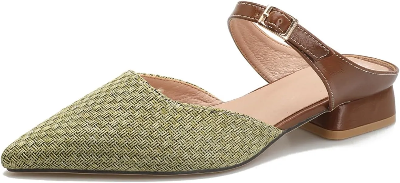 Closed Pointed Toe Adjustable Strap Mules for Women, Womens 1 Inch Low Block Chunky Heeled Sandals Mules Cute Textile Backless Slip On Loafer Shoes