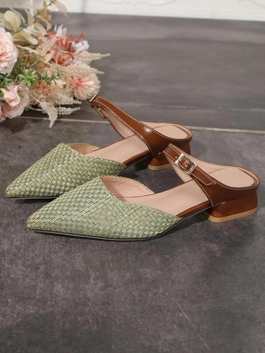 Closed Pointed Toe Adjustable Strap Mules for Women, Womens 1 Inch Low Block Chunky Heeled Sandals Mules Cute Textile Backless Slip On Loafer Shoes