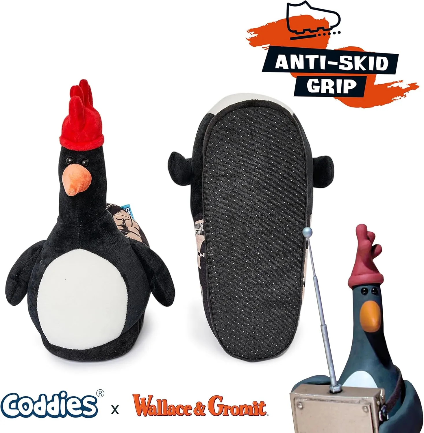 Coddies Feathers McGraw Wallace & Gromit Plush Slippers - Penguin Slippers - Unisex Adults & Kids - Black - Faux Fur - Slip Resistant - Cushioned - Winter - Women's - Slipper