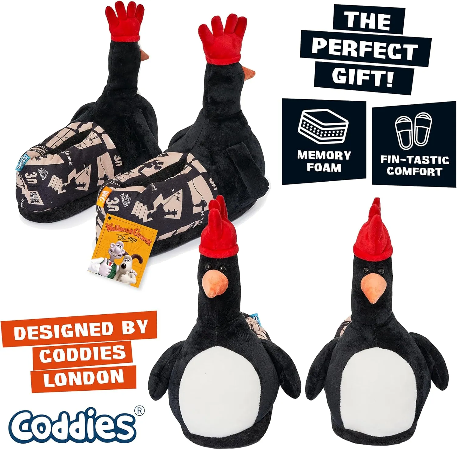 Coddies Feathers McGraw Wallace & Gromit Plush Slippers - Penguin Slippers - Unisex Adults & Kids - Black - Faux Fur - Slip Resistant - Cushioned - Winter - Women's - Slipper