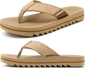 COFACE Flip Flops for Men with Arch Support Mens Sport Beach Thong-Sandals Outdoor 2025 Summer Leather Sandal for Man Size 11.5,Deep Beige
