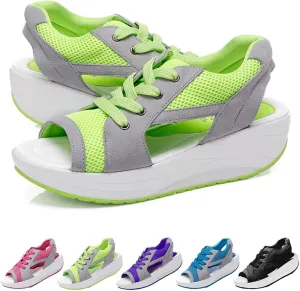 Contrast Paneled Cutout Lace-up Muffin Sandals, 2023 New Summer Causal Womens Sandals, Lace-Up Peep Toe Platform Wedge Sandals for Womens
