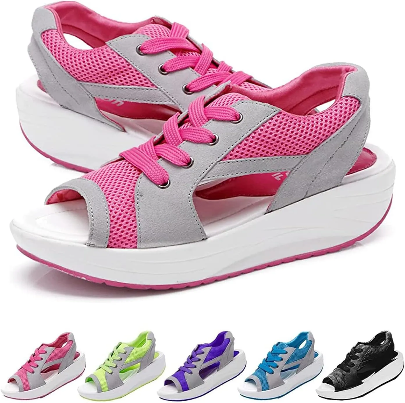 Contrast Paneled Cutout Lace-up Muffin Sandals, 2023 New Summer Causal Womens Sandals, Lace-Up Peep Toe Platform Wedge Sandals for Womens