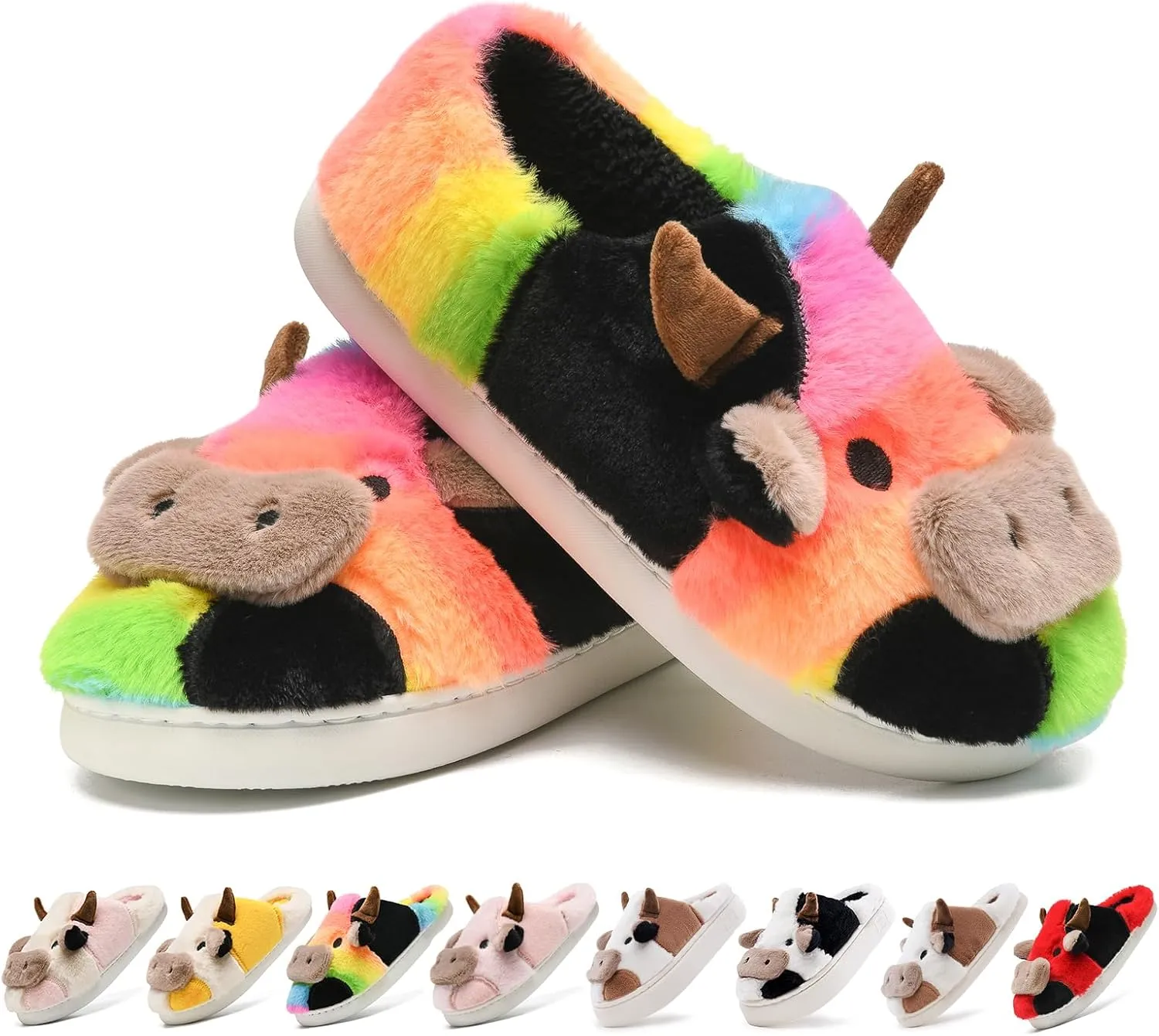 Cow Slippers for Women,Cartoon Animal Fuzzy Slippers,Winter Warm Women's House Slippers,Anti-Slip Indoor Outdoor for Man Wrap Heel