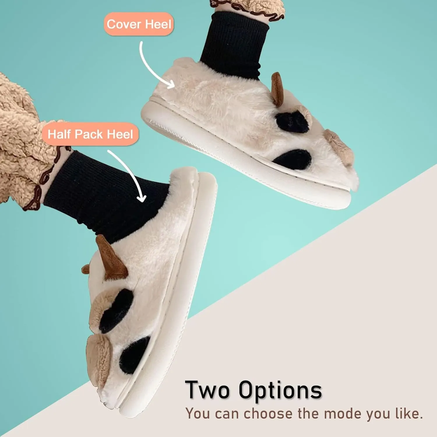 Cow Slippers for Women,Cartoon Animal Fuzzy Slippers,Winter Warm Women's House Slippers,Anti-Slip Indoor Outdoor for Man Wrap Heel