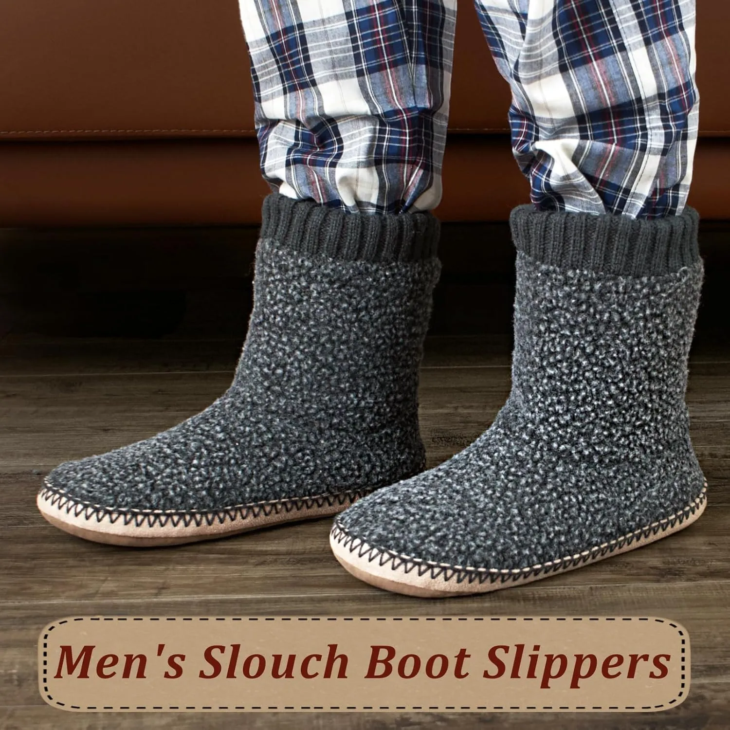 Cozy Boot Slippers for Men Indoor, Fuzzy House Shoes with Non Slip Gripper Soles, Soft Warm Moccasin Socks, Winter Gifts for Christmas Unique