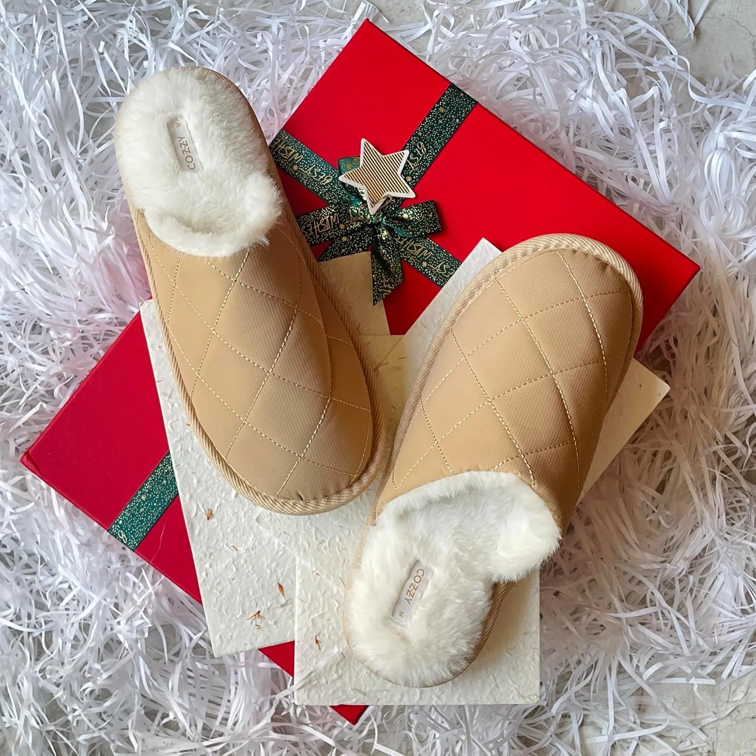 COZZY women’s faux fur slippers with chic quilted technical fabric exterior for winter, warm and cozy slip on indoor women's slippers with memory foam and anti-slip sole for cold weather