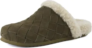 CUSHIONAIRE Cliché Genuine Suede Woven Mule Slippers for Women Indoor and Outdoor - Slip On Faux Fur Lining Women Footwear for Comfort