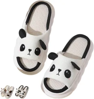 Cute Cartoon Panda Slippers for Women Men Indoor Linen Home Slipper Comfortable Fabric Shoes Summer Sandals Soft Thick Anti Slip Sole Slides