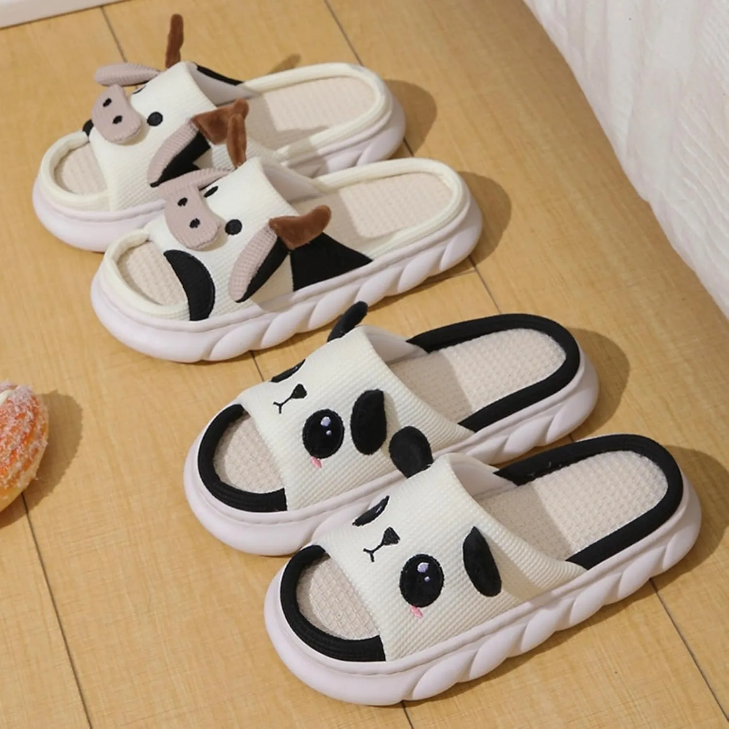 Cute Cartoon Panda Slippers for Women Men Indoor Linen Home Slipper Comfortable Fabric Shoes Summer Sandals Soft Thick Anti Slip Sole Slides