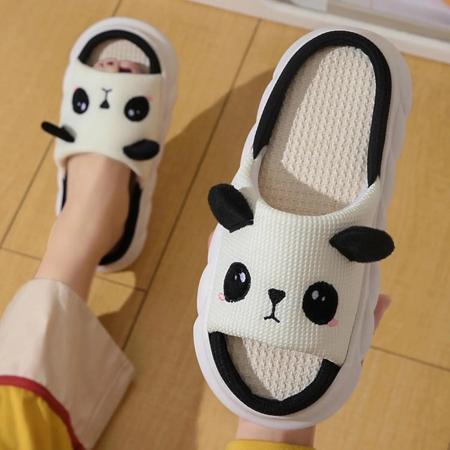 Cute Cartoon Panda Slippers for Women Men Indoor Linen Home Slipper Comfortable Fabric Shoes Summer Sandals Soft Thick Anti Slip Sole Slides